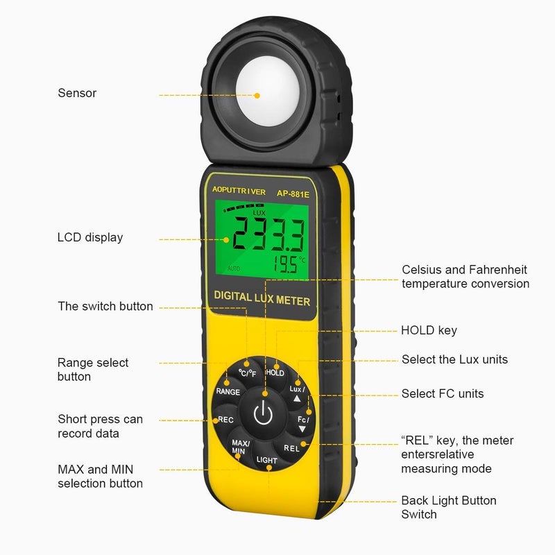 AOPUTTRIVER Digital Illuminance Light Meter,0.01~300,000 Measurement Range Lux Meter Foot Candles Luxmeter with 270Âº Rotated Sensor for Indoor Outdoor Light Meters for Plants (AP-881E) - Image 2